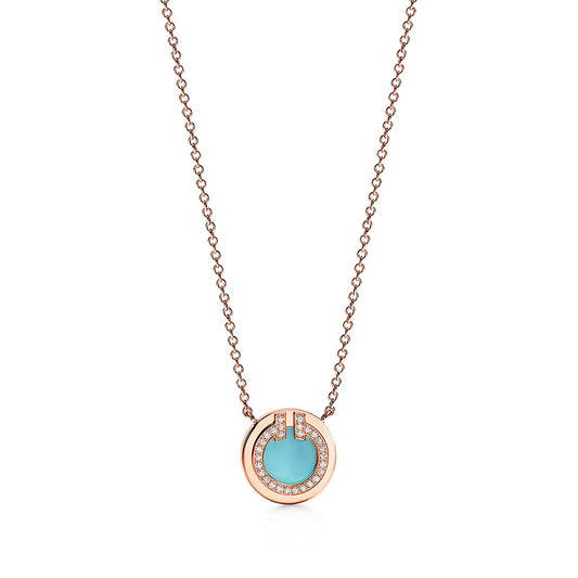 T Diamond & Turquoise Circle Pendant Necklace