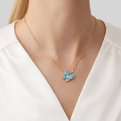 Two Butterfly Pendant with Diamond & Turquoise Necklace