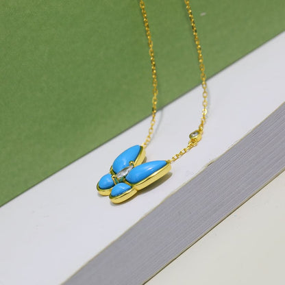 Two Butterfly Pendant with Diamond & Turquoise Necklace