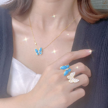 Two Butterfly Pendant with Diamond & Turquoise Necklace