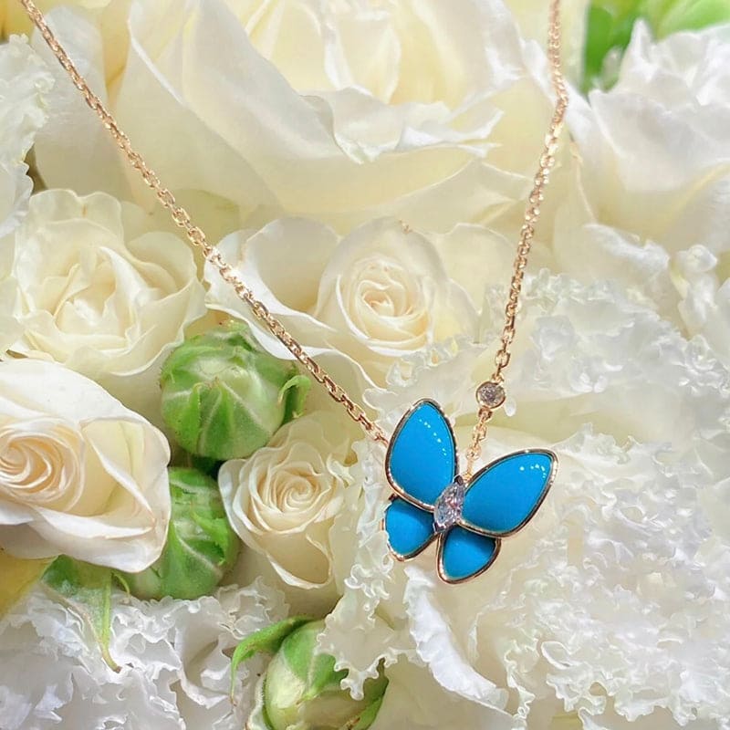 Two Butterfly Pendant with Diamond & Turquoise Necklace