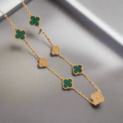 Vintage Alhambra Malachite Diamonds 10 Motifs Necklace
