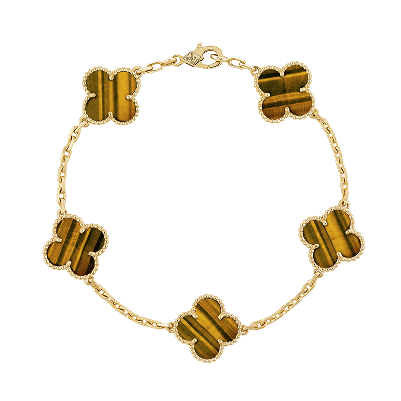 18K Vintage Alhambra Five Motifs Tiger Eye Bracelet