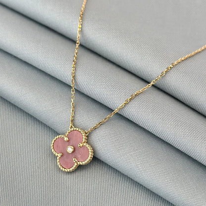 CLOVER RHODONITE 1 DIAMOND NECKLACE