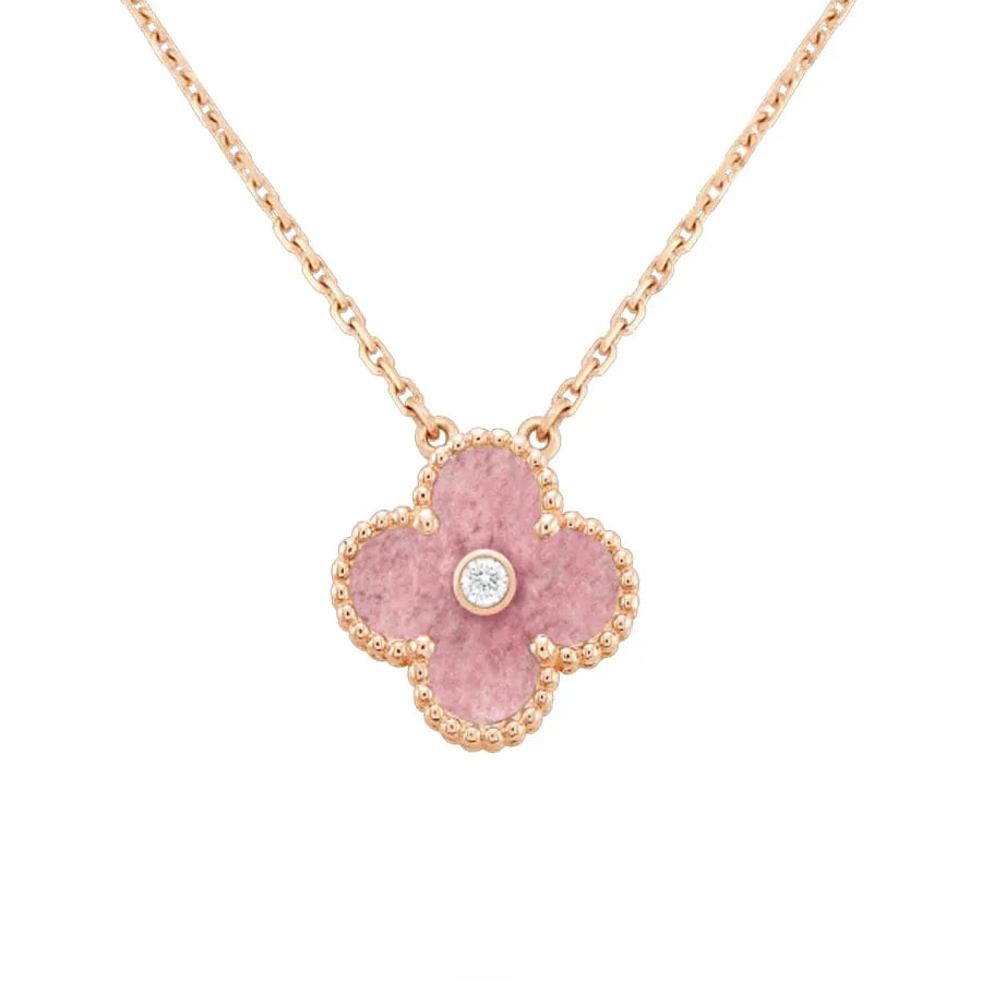 CLOVER RHODONITE 1 DIAMOND NECKLACE