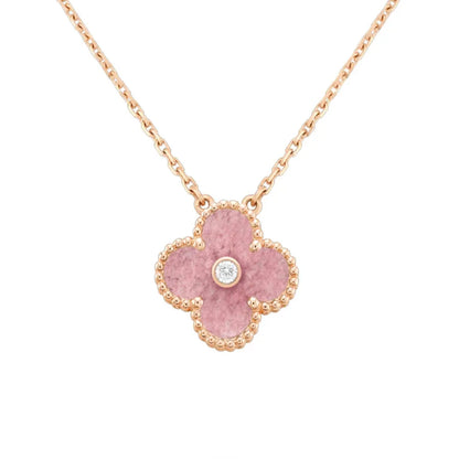 CLOVER RHODONITE 1 DIAMOND NECKLACE