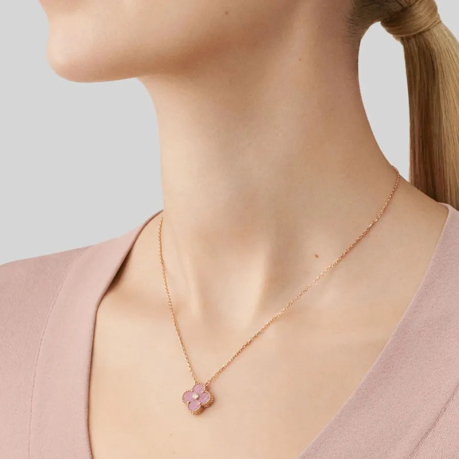 CLOVER RHODONITE 1 DIAMOND NECKLACE