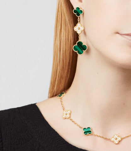 Magic Alhambra Three Malachite Motifs Clover Earrings