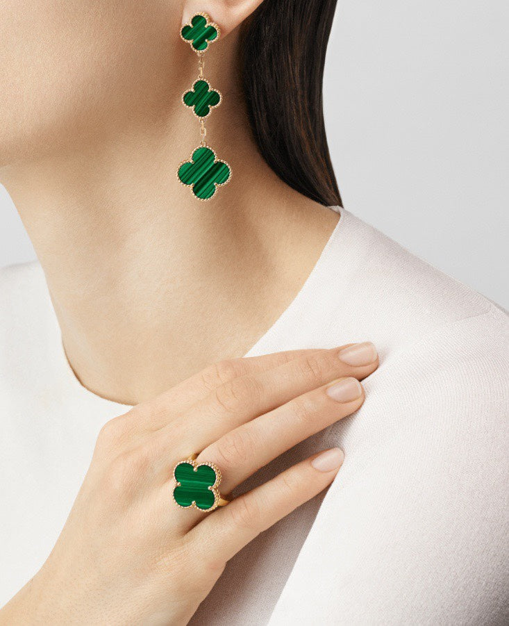 Magic Alhambra Three Malachite Motifs Clover Earrings