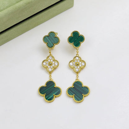 Magic Alhambra Three Malachite Motifs Clover Earrings