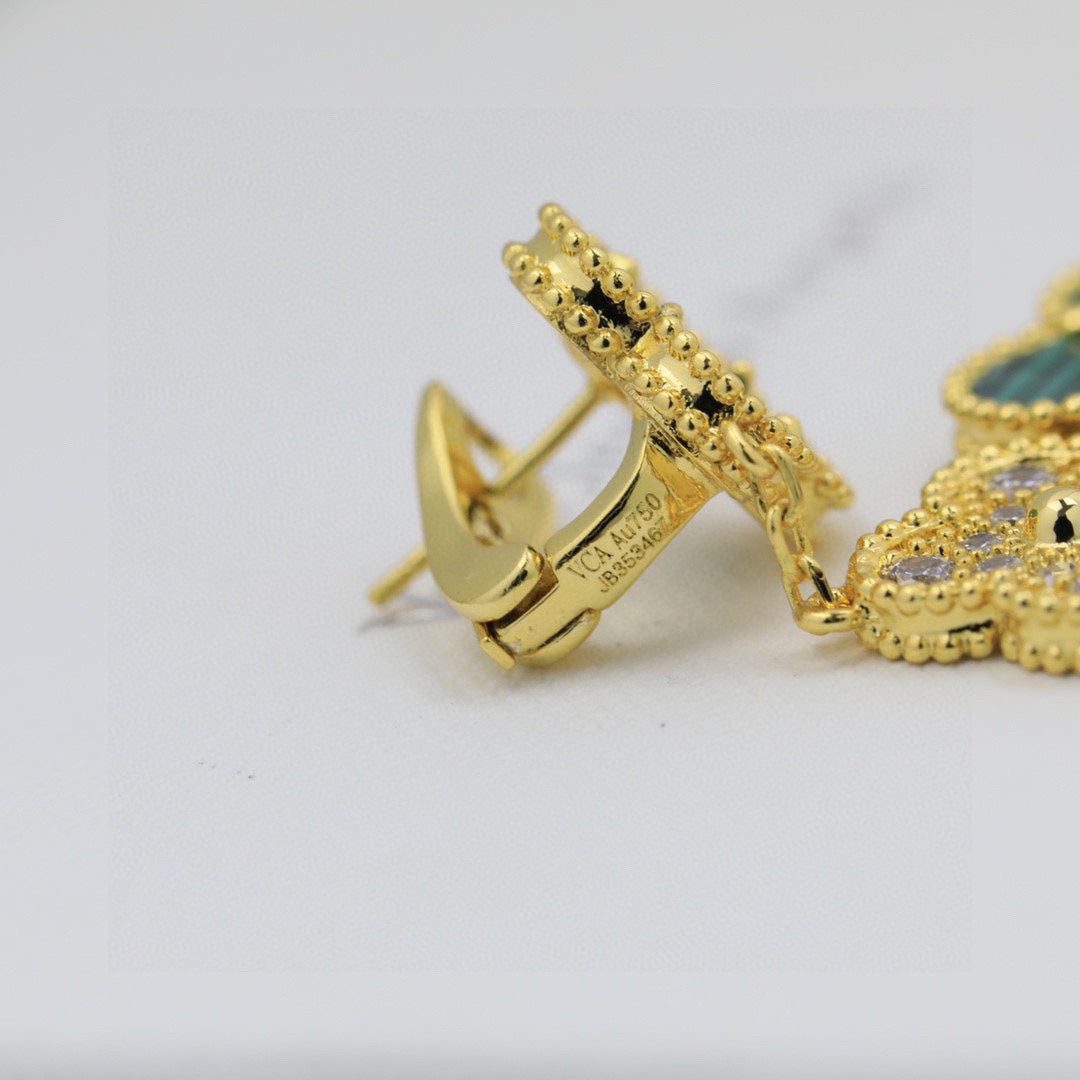Magic Alhambra Three Malachite Motifs Clover Earrings