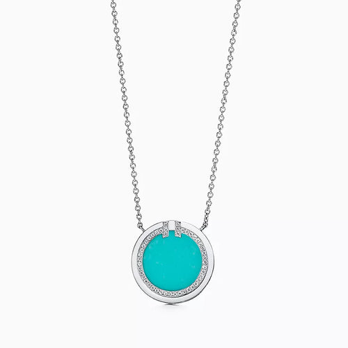 T Diamond & Turquoise Circle Pendant Necklace