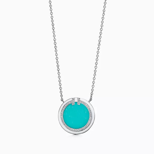 T Diamond & Turquoise Circle Pendant Necklace
