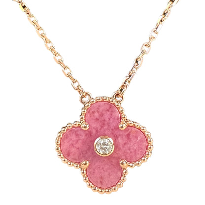 CLOVER RHODONITE 1 DIAMOND NECKLACE