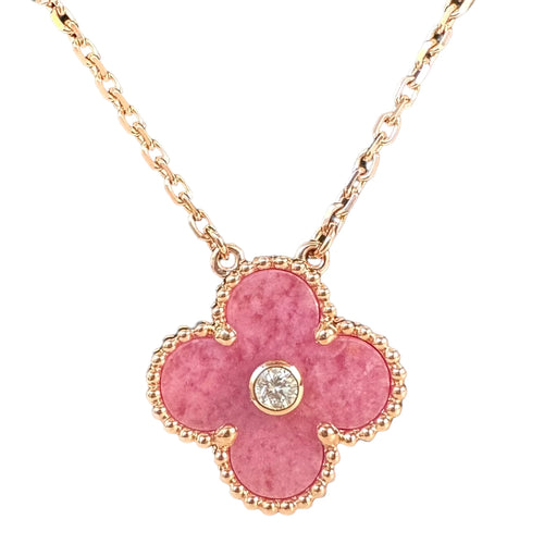 CLOVER RHODONITE 1 DIAMOND NECKLACE
