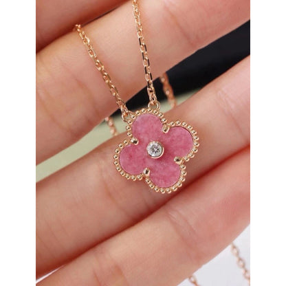 CLOVER RHODONITE 1 DIAMOND NECKLACE