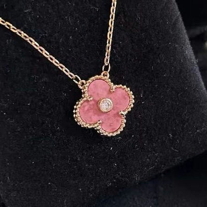 CLOVER RHODONITE 1 DIAMOND NECKLACE